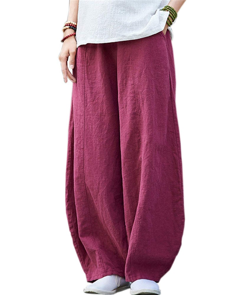 IXIMO Women's Casual Cotton Linen Baggy Pants with Elastic Waist Relax Fit Lantern Trousers Burgundy L - Image 1